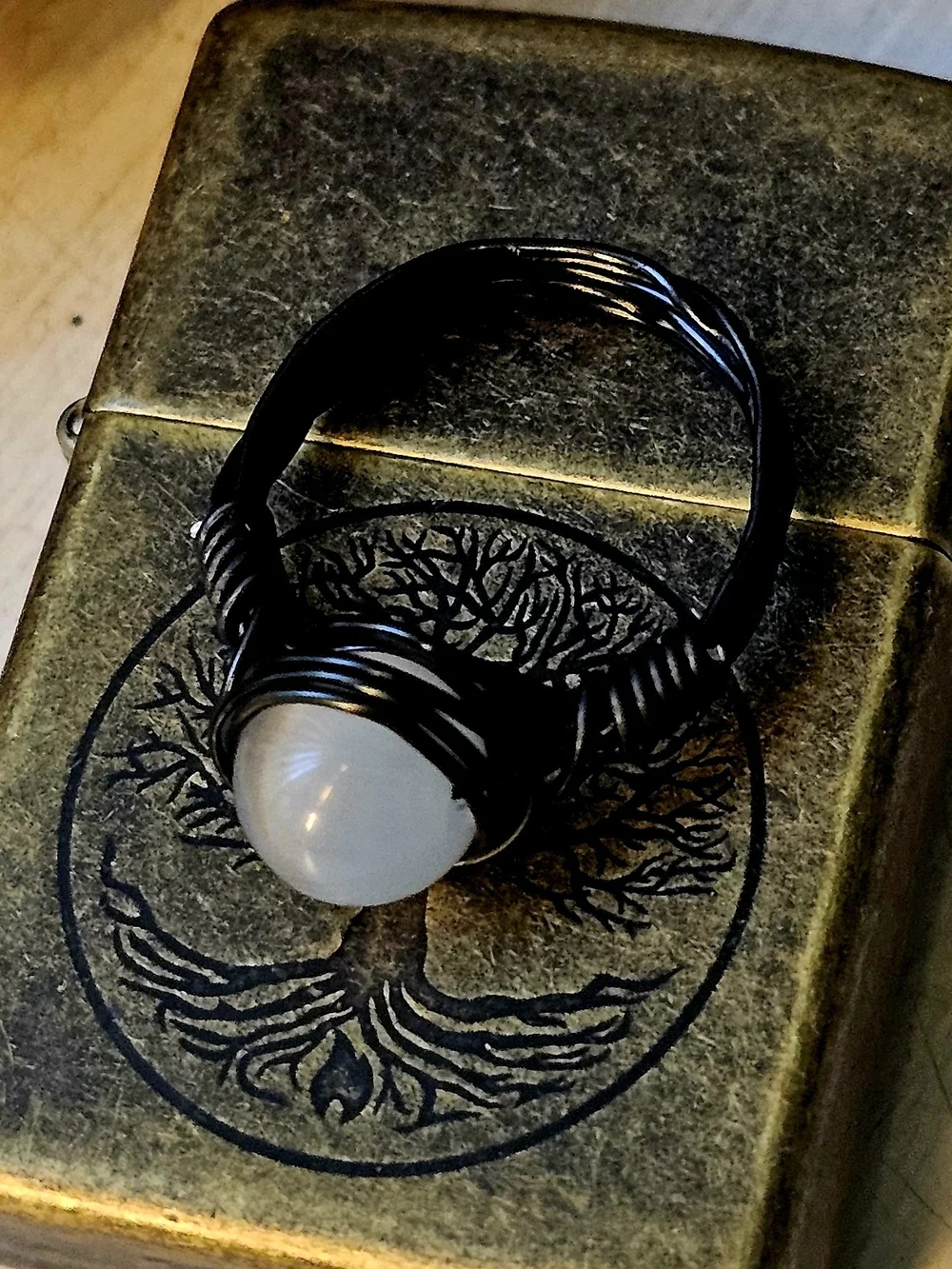 Black Aluminum Wire-Wrap Cat Eye Stone Ring